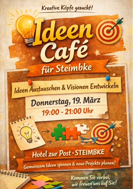 Ideen Café für Steimbke: Haben Sie Ideen für Projekte, die unser Dorf voran bringen können oder unser gemeinsames Leben hier verbessern können? Stellen Sie sie im Ideen Café vor!
Ort: Hotel zur Post
Termin: 19.03.2026, 19-21 Uhr